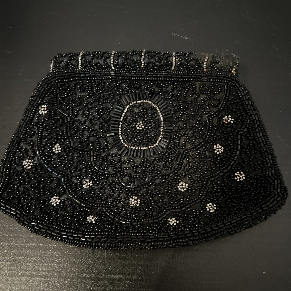 1940s Black Beaded Art Deco Clutch Handbag Slip Thru Strap - Handmade In Belgium